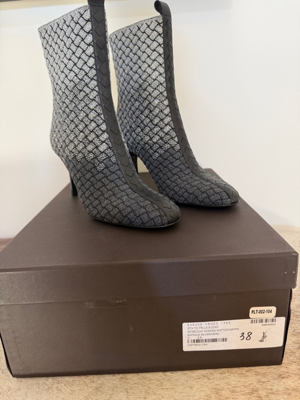 Bottega Veneta silver/black Intreccio Knit/napa Ankle Boots